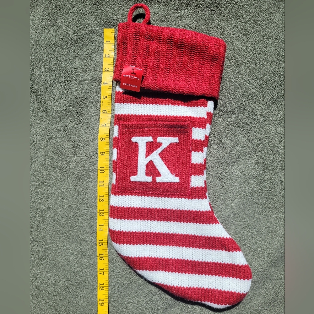 🎄 Red & White Knit Christmas Stocking with "K" Monogram – 18” NWT